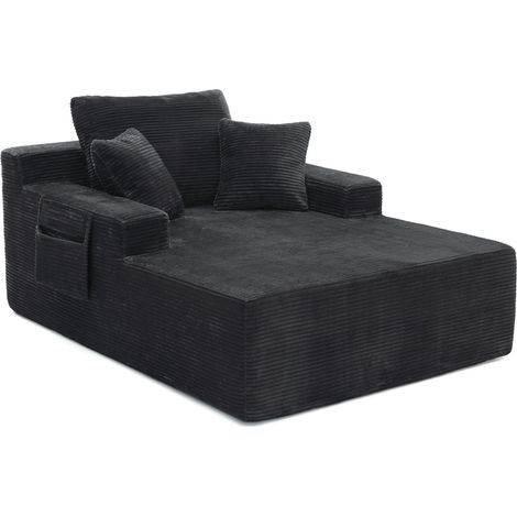 Canapé fixe en velours côtelé noir avec poches latérales et coussins, assise moelleuse à ressorts, style rétro compact pour salon et bureau - CHICFURN (1/5)