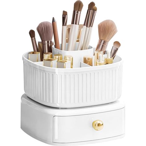 Organizador giratorio de 360° de color blanco con cajones y soporte para brochas, gran capacidad, con espacio integrado para guardar cosméticos y joyas.