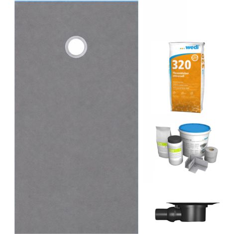 Receveur de douche à carreler 160 x 100 WEDI Fundo Primo écoulement excentré + bonde horizontale + kit d'étanchéité + colle 320