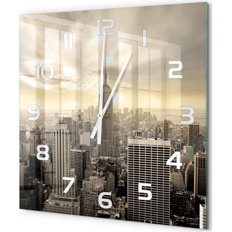 Grande Horloge Murale Carrée Décorative Verre Trempé Silencieuse Design Moderne Manhattan, New York 60x60 cm (1/5)