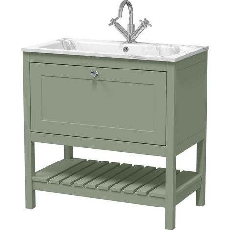 Coppenhall Contemporary 1 Drawer Floor Standing Vanity Unit with Stone Basin, Fern Green, 800mm