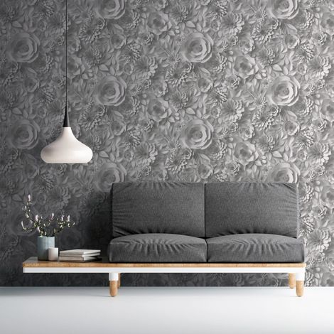 Papier peint intissé grandes fleurs gris – Effet 3D – Dimensions 53cm x 10,05m – Raccord sauté 26cm – Pour chambre et cuisine (1/5)