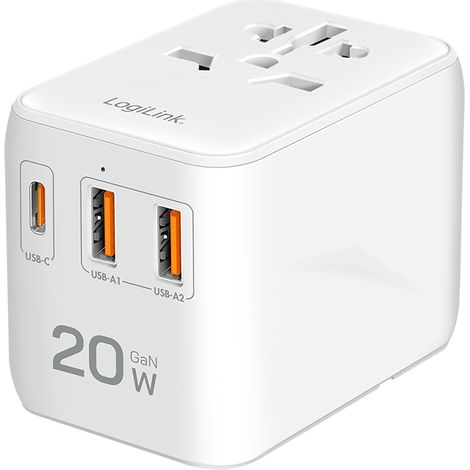 Adaptador de viaje con cargador USB PD LogiLink de 20 W, 4 puertos USB-C/A, compatible con 200 países. (1/5)