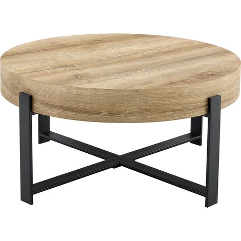 Table basse ronde rétro industrielle, 68 cm de diamètre, plateau en MDF à motif bois naturel, piètement croisé en métal noir, adaptée aux styles Wabi-Sabi et industriel, table d'appoint (1/5)