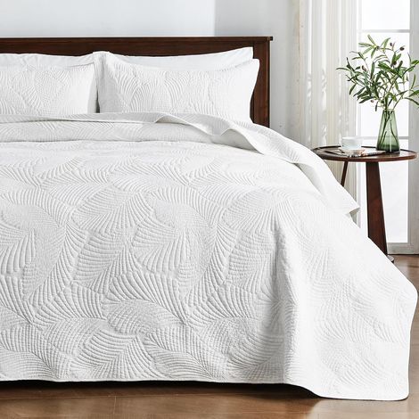 Couvre Lit Dessus de Lit et Boutis Coton matelassé Ultrasonique en Microfibre Brossée Douce et Légère, Élégant Couvre Lit Beige à Motif Floral (Weiß, 240x260cm) (1/5)