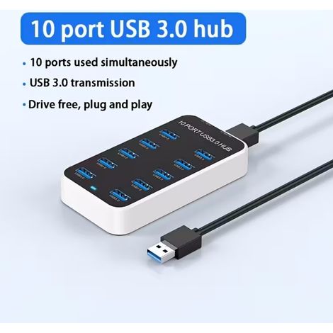 Hub USB 3.0 10 Ports, Concentrateur USB Universel avec Transfert Haute Vitesse 5 Gbps pour PC Portable (1/5)