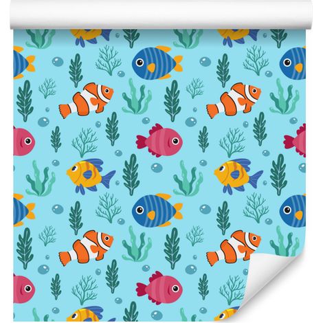 Papel pintado de peces en tonos aguamarina, turquesa y azul para salón y dormitorio, 50x1000 cm. (1/5)