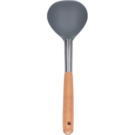 Louche à soupe en silicone souple, sûr et durable, antiadhésive et résistante aux rayures, avec manche en bois. (1/5)