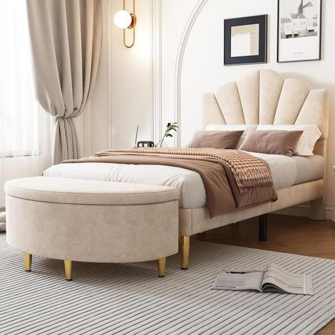 Lit - KOMHTOM - Tête coquillage ajustable - Velours beige - Sommier lattes 90x200 - Banquette avec rangement (1/5)