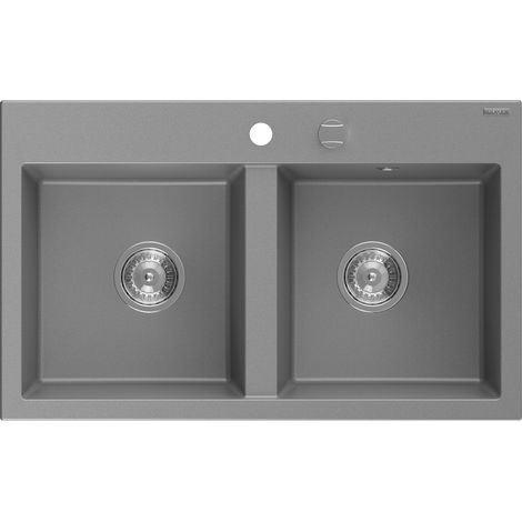 Mexen Hektor fregadero de granito de 2 compartimentos 800 x 480 mm, gris, sifón cromado - 6521802000-71 (1/5)