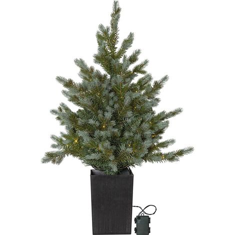 Star Trading Arbre de Noël artificiel LED Greyland, vert, avec pot noir, minuterie, extérieur, batterie, blanc chaud, 95cm