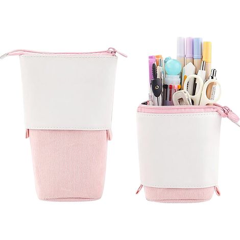 Boite A Crayons - Boite A Stylos Telescopique En Pu Et Velours Cote - Pour Bureau Ecole Ou Maquillage - 1 Unite (1/3)