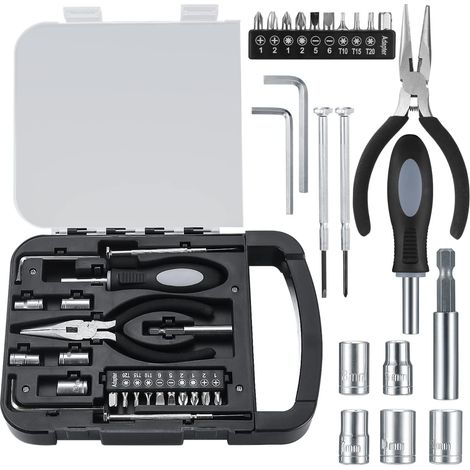 22 Pièces Boîte à Outils Complète, Mallette Outils, Coffret à Outils Complet, Boîte à Outils Portable avec Jeu de Tournevis de Precision pour Bricolage
