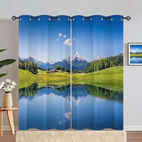 Rideau Occultant Nature Montagne Forêt Lac Paysage Rideau Thermique Isolant Tenture Opaque à Oeillets Draperies Intérieurs pour Maison Chambre Salon 2 Panneaux L 140 x H 280 cm - 140L X 280H cm (2 Pan (1/5)
