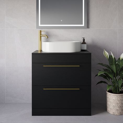 Napoli 460 Nero Oak 800mm 2 Drawer Vanity Unit for Countertop Basins - 800mm - Brushed Brass 480mm Handle
