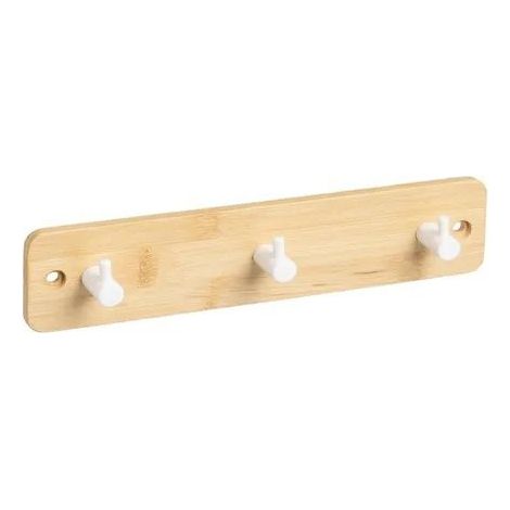 Patère murale en bois de bambou naturel dotée de 3 crochets cylindriques blancs-Longueur 22 x Profondeur 4 x Hauteur 5 cm (1/5)