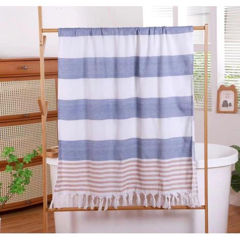 Serviette de plage bohème à franges 90x180 cm Blanc/Bleu (1/5)