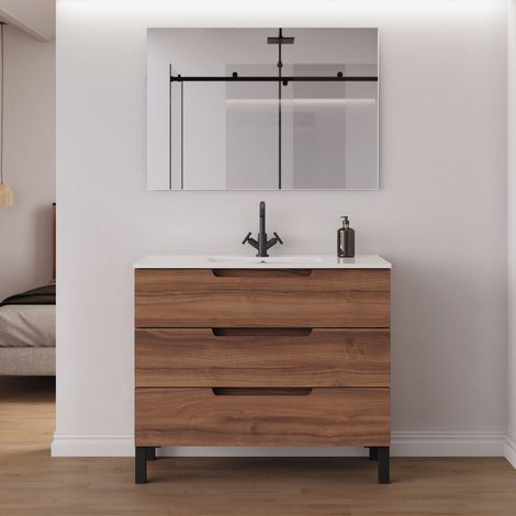 Meuble de salle de bain 90cm simple vasque - 3 tiroirs - noyer (bois foncé) - RIZA (1/5)