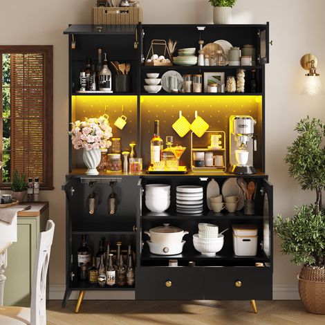 Buffet haut 120x40x176 cm noir en MDF et verre avec éclairage LED, prises USB et rangement multifonction