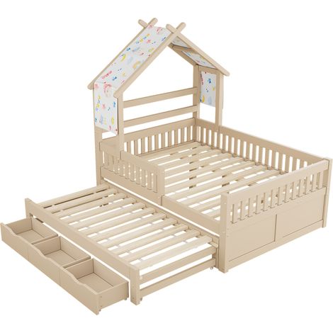 CAIziLit maison 140x200 crème avec lit gigogne, 3 tiroirs, barrières bois (1/5)