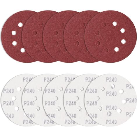 Lot de 10 Feuilles abrasives 125 mm Grain 240, disques abrasifs Ronds excentriques 8 Trous pour ébavurage et ponçage des Points de Soudure (1/5)