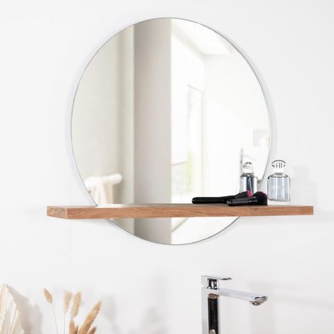 Wanda Collection – Miroir rond de salle de bain 60 cm en teck massif – Étagère en bois 70 cm – Pour petites et grandes salles de bain – Design élégant (1/5)