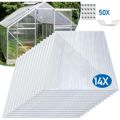 Jiubiaz 14 plaques alvéolaires en polycarbonate 4 mm transparentes, 60,5 x 121 cm, 10,25 m², avec 100 clips inox pour serre (1/5)