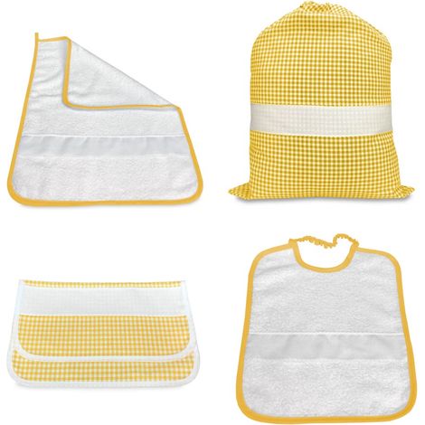 PÉPINIÈRE SET 4 pièces dans le SAC et une SERVIETTE, SAC à CARREAUX FILS TEINTS avec de la toile AÏDA à broder le nom de Jaune