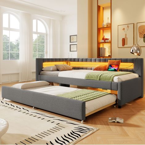 Sofá cama de lino gris 90x200 cm con cama nido, LED y puertos USB + Type-C (1/5)