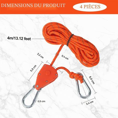 4 pièces tendeur à cliquet 4mm x 4m, corde réglable avec poulie, légère pour lampe, plantes, tente et randonnée (orange). (1/4)