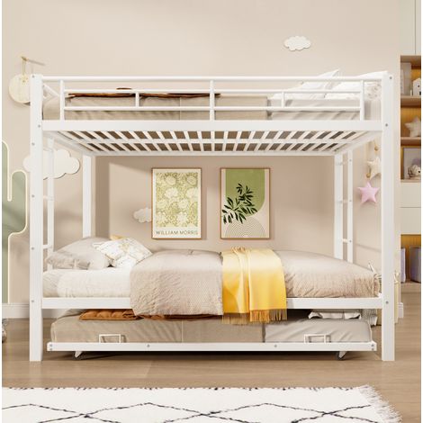 Cama litera moderna de metal blanco 140x200 cm con cama nido extraíble y barandillas altas (1/5)