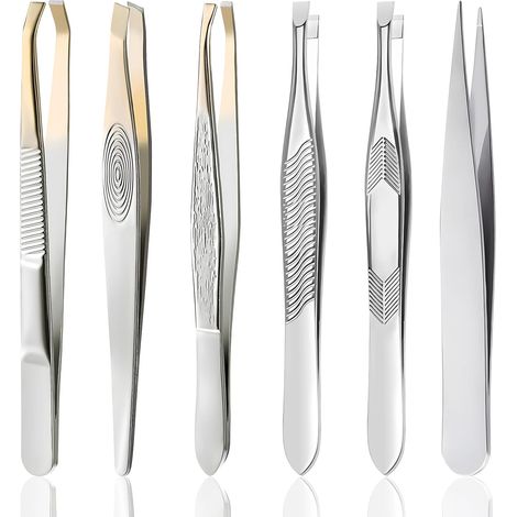 6 Pièces Pince à épiler, Acier inoxydable, Pointe plate oblique pointue, Pour sourcils poils incarnés cils