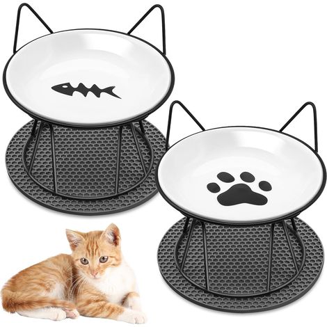 cuencos de cerámica elevados + soporte de metal/silicona antideslizante, para gatos/perros pequeños