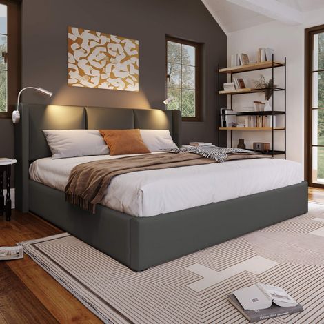 Lit coffre 160x200 cm PU gris avec sommier inclus, tête de lit avec liseuse USB, rangement hydraulique, lit double sans matelas (1/5)
