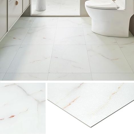 PVC Adhesive Floor Tiles Marble White Pink 30 x 30 Lino Floor Adhesive Bathroom 16-Tile Adhesive Floor Covering for Kitchen Parquet Adhesive PVC Floors Bedroom Toilet (1/5)