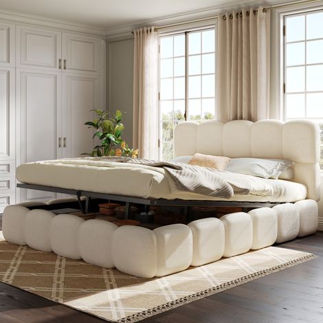 Lit coffre rembourré 180x200 cm avec sommier et tête de lit rembourrée, design moderne, pour chambre, bouclé,blanc