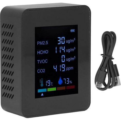 6-in-1 CO₂-Detektor, Luftqualitätsmonitor, PM2,5-Temperaturmonitor, TVOC, HCHO, Schwarz, USB-aufladbar (1/5)