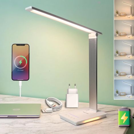 Lampe de Bureau LED Puissante - Lampe de Chevet et de Lecture Sans Fil Rechargeable (6W, 550 Lumen, Port USB, 5 Niveaux de Luminosité et 5 de Couleur, Minuterie 30 min, Mode Lecture)