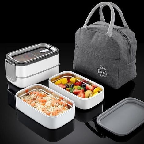 Edelstahl-Lunchbox mit isolierter Kühltasche, 1400 ml, 2-lagige Bento-Box für Picknicks, Arbeit, Snacks, Schule (1/4)