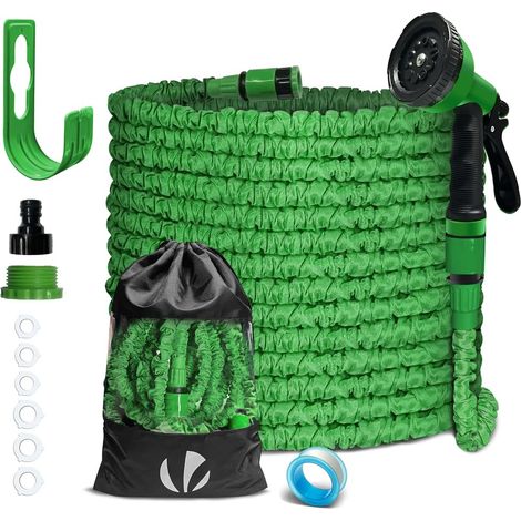 Tuyau d'Arrosage Extensible 30m Adaptable 1/2" et 3/4" 10 Modes de Pulvérisation Flexible et Anti-Fuite Raccord et Sac de Rangement Fournis Vert (1/5)