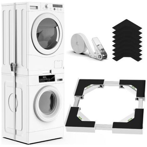 Kit de superposition de lave-linge et sèche-linge universel, taille de cadre de superposition réglable, convient aux machines à laver et sèche-linge de 45 à 68 cm (blanc) [Classe d'efficacité (1/5)
