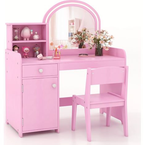 Ensemble coiffeuse enfant rose avec miroir LED, chaise, tiroir, étagère et casier de rangement pour chambre et salle de jeu (1/5)