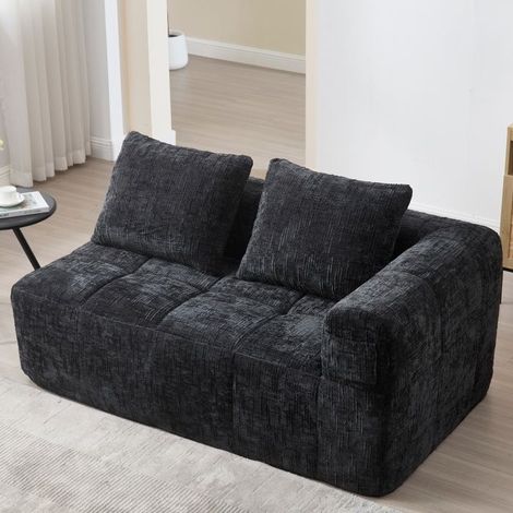 Canapé 2 places noir en chenille — moelleux, livré monté, coussin et poches latérales (1/5)