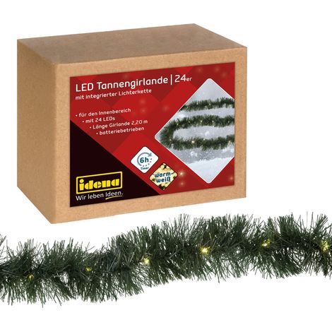 Idena 31345 - Ghirlanda di abete a LED con 24 LED in bianco caldo, con funzione timer per 6 ore, funzionamento a batteria, circa 2,2 m di lunghezza, decorazione per interni, decorazione per feste, (1/4)