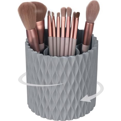 Porte-pinceaux de maquillage tournant 360° - Organiseur de bureau multifonction, pot de rangement pour stylos, rouges à lèvres, peigne et accessoires de beauté - Gris coiffe (1/5)