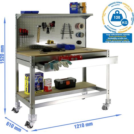 Simonrack Banco da lavoro mobile in metallo zincato e legno robusto