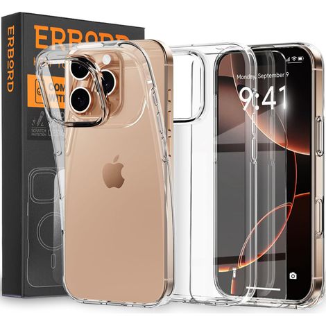 Funda para iPhone 16 Pro Max, erbord Slim, transparente + cristal 9H (1/5)