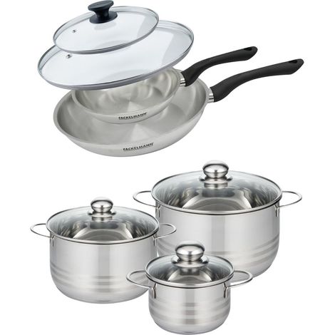Set de 2 poêles 20 et 28 cm en inox et couvercle, 3 faitouts inox 16, 20 et 24 cm Fackelmann Geneva (1/5)