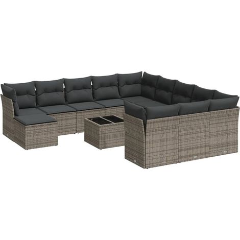 Salon de jardin avec coussins 13 pcs Mobilier de jardin gris résine tressée (1/5)