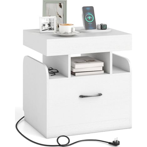 Table de Chevet avec Station de Charge, Table de Nuit avec Tiroir, Plateau & Étagères Ouvertes, 50 x 40 x 55 cm, pour Salon, Chambre, Bureau, Blanc (1/5)